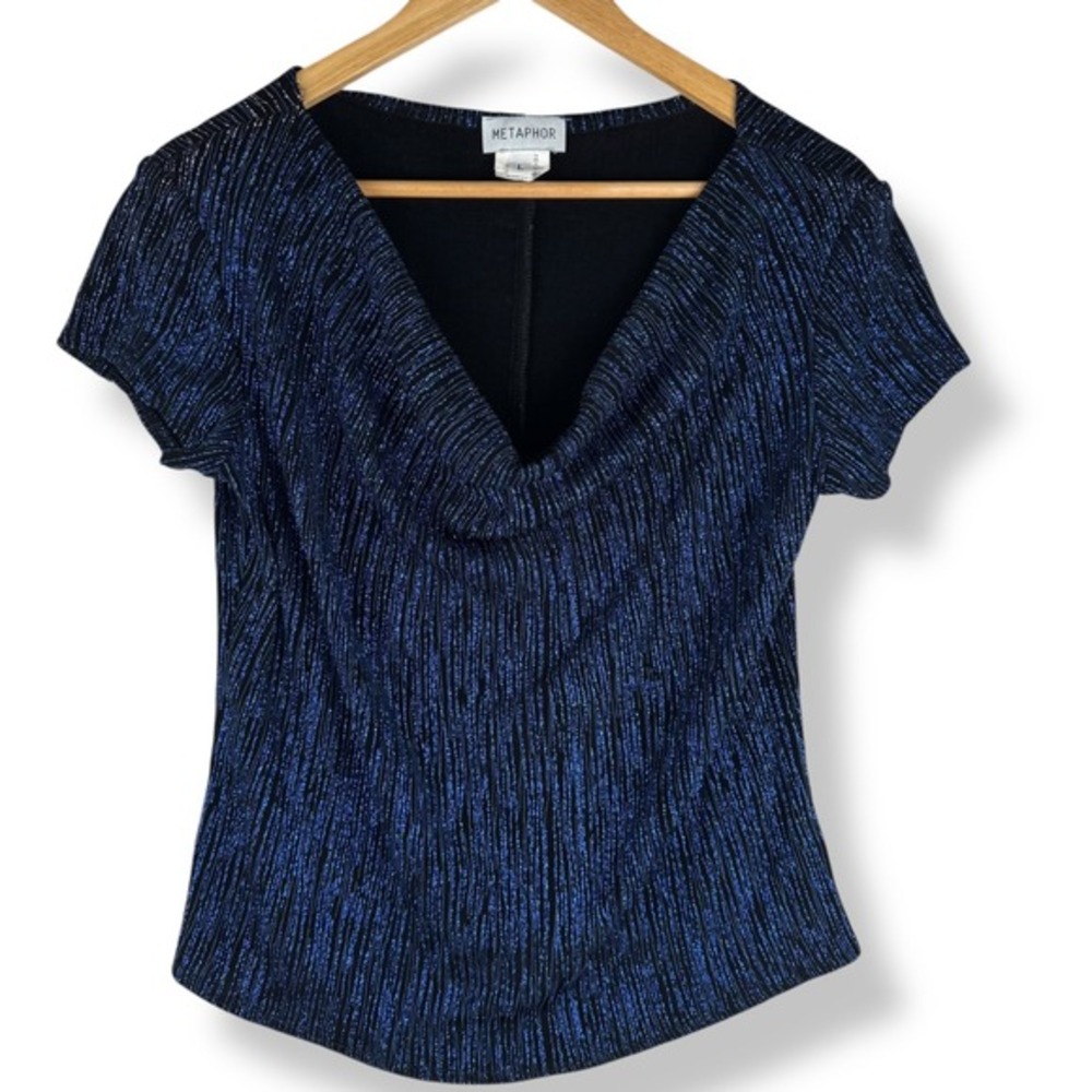 Y2K Cowl Neck Metallic Blue Top Womens Size Large USA Made Glam Formal Clubwear